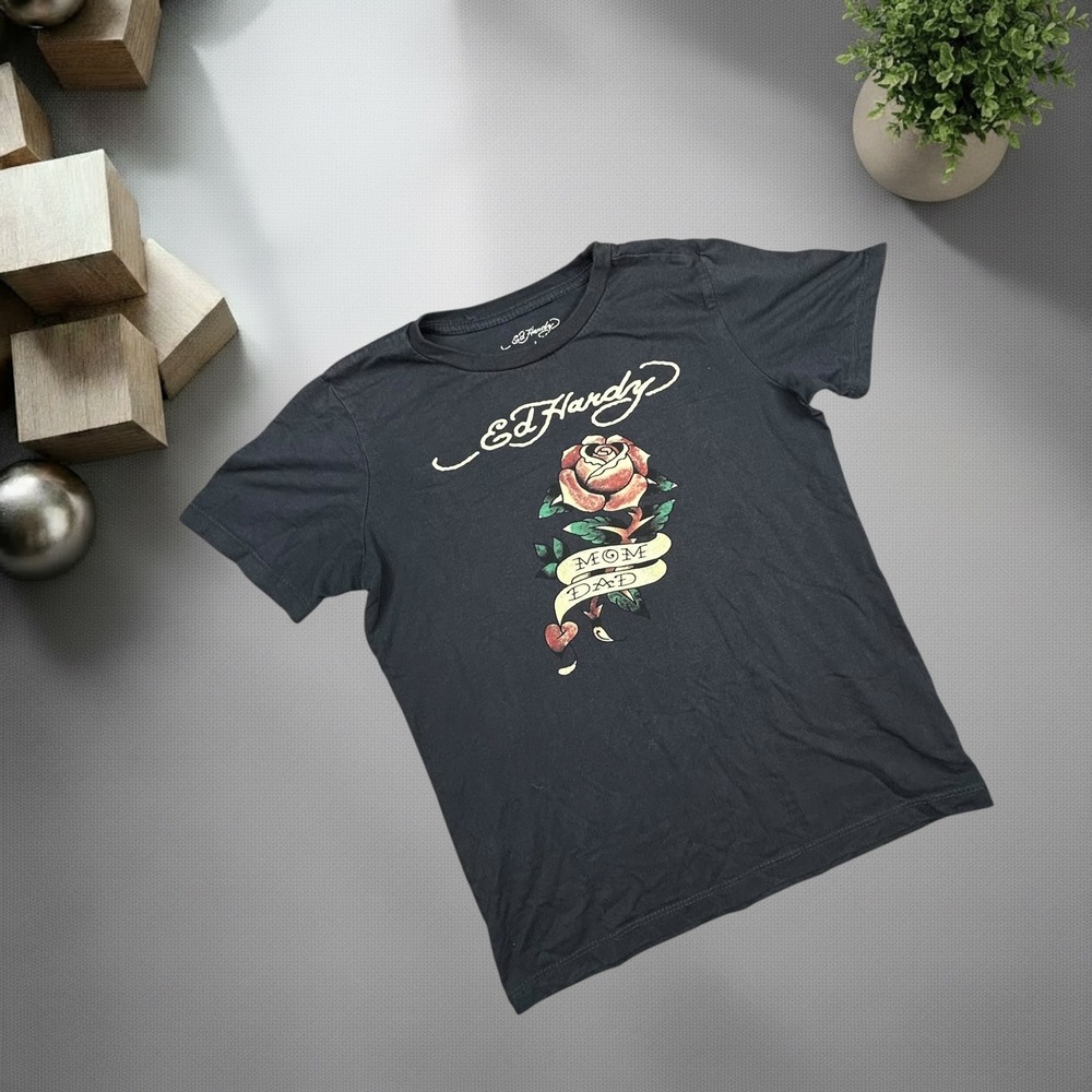 Ed Hardy Vintage Y2K Rose Mom Dad Tattoo Graphic Tee Shirt Black Large